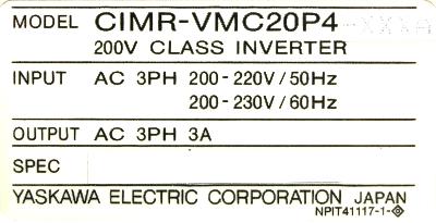 Yaskawa CIMR-VMC20P4 label image