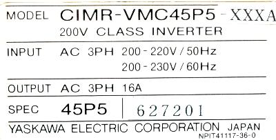 Yaskawa CIMR-VMC45P5 label image