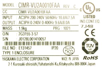 Yaskawa CIMR-VU2A0001FAA label image