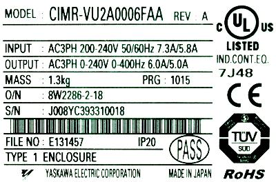 Yaskawa CIMR-VU2A0006FAA label image