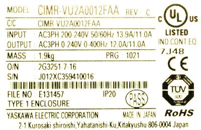 Yaskawa CIMR-VU2A0012FAA label image