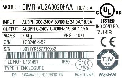 Yaskawa CIMR-VU2A0020FAA label image