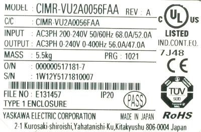 Yaskawa CIMR-VU2A0056FAA label image