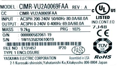 Yaskawa CIMR-VU2A0069FAA label image