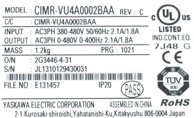 Yaskawa CIMR-VU4A0002BAA label image