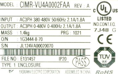 Yaskawa CIMR-VU4A0002FAA label image