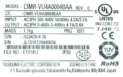 Yaskawa CIMR-VU4A0004BAA label image