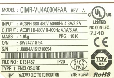 Yaskawa CIMR-VU4A0004FAA label image