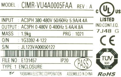 Yaskawa CIMR-VU4A0005FAA label image