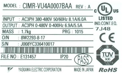 Yaskawa CIMR-VU4A0007BAA label image