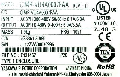 Yaskawa CIMR-VU4A0007FAA label image