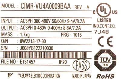 Yaskawa CIMR-VU4A0009BAA label image