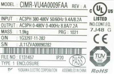 Yaskawa CIMR-VU4A0009FAA label image