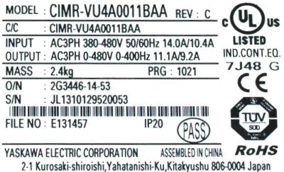 Yaskawa CIMR-VU4A0011BAA label image