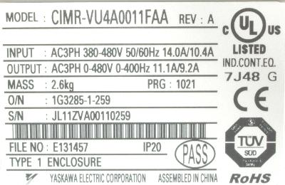 Yaskawa CIMR-VU4A0011FAA label image