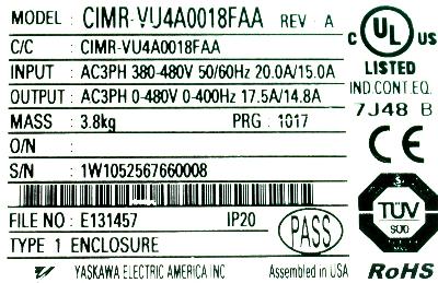 Yaskawa CIMR-VU4A0018FAA label image