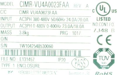 Yaskawa CIMR-VU4A0023FAA label image