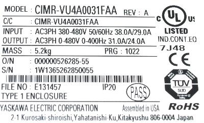 Yaskawa CIMR-VU4A0031FAA label image