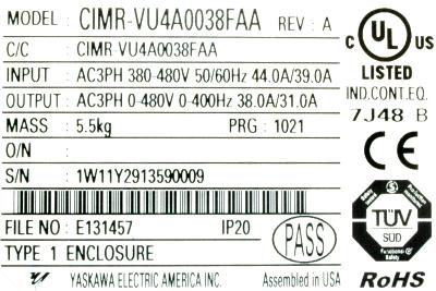 Yaskawa CIMR-VU4A0038FAA label image