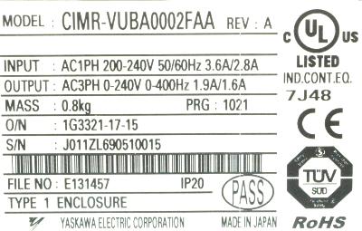 Yaskawa CIMR-VUBA0002FAA label image