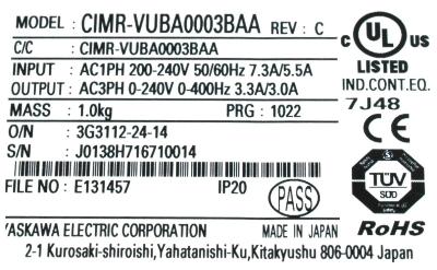 Yaskawa CIMR-VUBA0003BAA label image