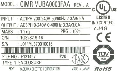Yaskawa CIMR-VUBA0003FAA label image