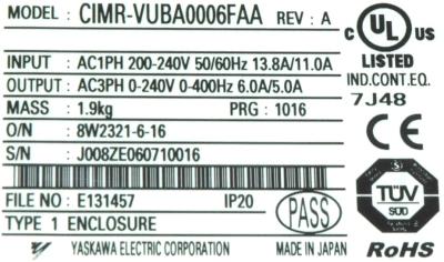 Yaskawa CIMR-VUBA0006FAA label image