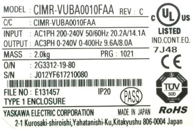 Yaskawa CIMR-VUBA0010FAA label image
