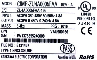 Yaskawa CIMR-ZU4A0005FAA label image
