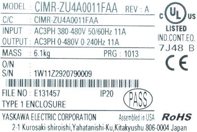 Yaskawa CIMR-ZU4A0011FAA label image