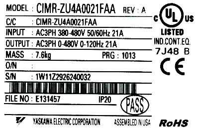 Yaskawa CIMR-ZU4A0021FAA label image
