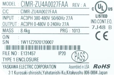 Yaskawa CIMR-ZU4A0027FAA label image
