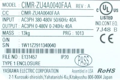 Yaskawa CIMR-ZU4A0040FAA label image