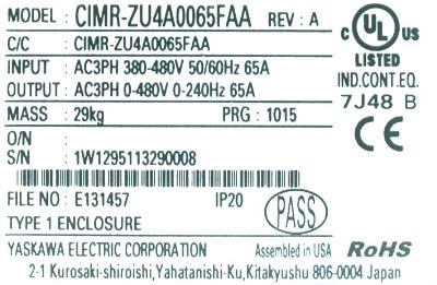 Yaskawa CIMR-ZU4A0065FAA label image