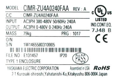 Yaskawa CIMR-ZU4A0240FAA label image