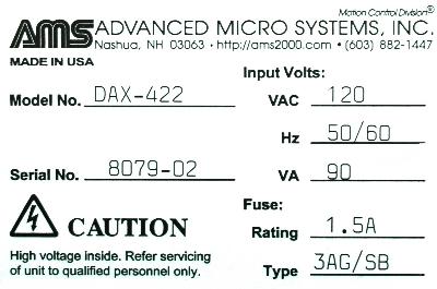 AMS-ADVANCED MICRO SYSTEMS DAX-422 label image