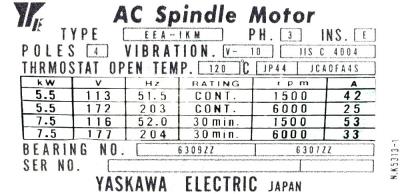 New Refurbished Exchange Repair  Yaskawa Motors-AC Spindle EEA-IKM-5.5-7.5 Precision Zone