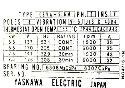 New Refurbished Exchange Repair  Yaskawa Motors-AC Spindle EEVA-5IK-5.5-7.5 Precision Zone