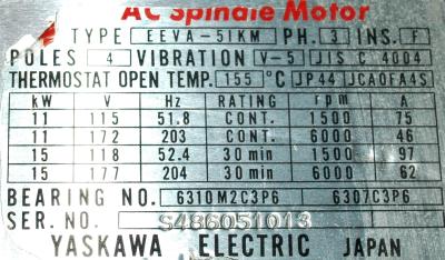 New Refurbished Exchange Repair  Yaskawa Motors-AC Spindle EEVA-5IKM-11-15 Precision Zone