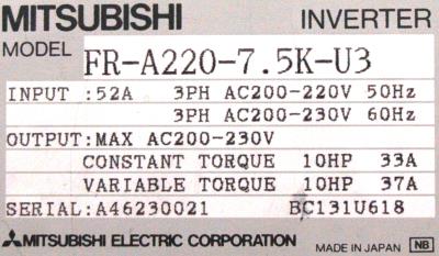 Mitsubishi FR-A220-7.5K label image