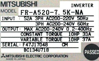 Mitsubishi FR-A520-7.5K-NA label image