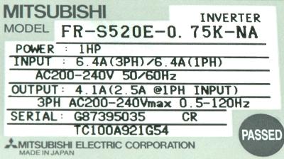 Mitsubishi FR-S520E-0.75K-NA label image