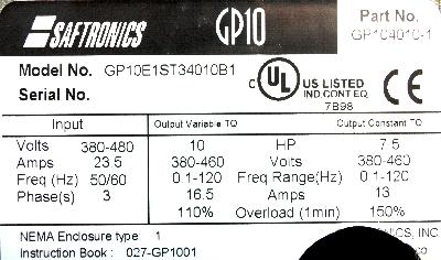 Saftronics GP10E1ST34010B1 label image