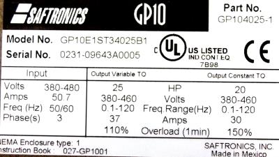Saftronics GP10E1ST34025B1 label image