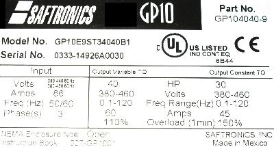 New Refurbished Exchange Repair  Saftronics Inverter-General Purpose GP10E9ST34040B1 Precision Zone