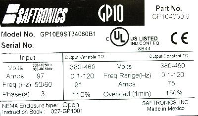 Saftronics GP10E9ST34060B1 label image