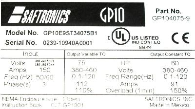 New Refurbished Exchange Repair  Saftronics Inverter-General Purpose GP10E9ST34075B1 Precision Zone