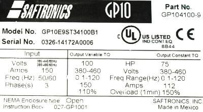 New Refurbished Exchange Repair  Saftronics Inverter-General Purpose GP10E9ST34100B1 Precision Zone