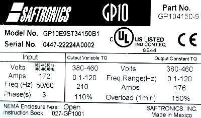Saftronics GP10E9ST34150B1 label image