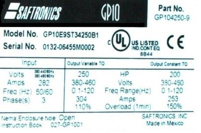 New Refurbished Exchange Repair  Saftronics Inverter-General Purpose GP10E9ST34250B1 Precision Zone